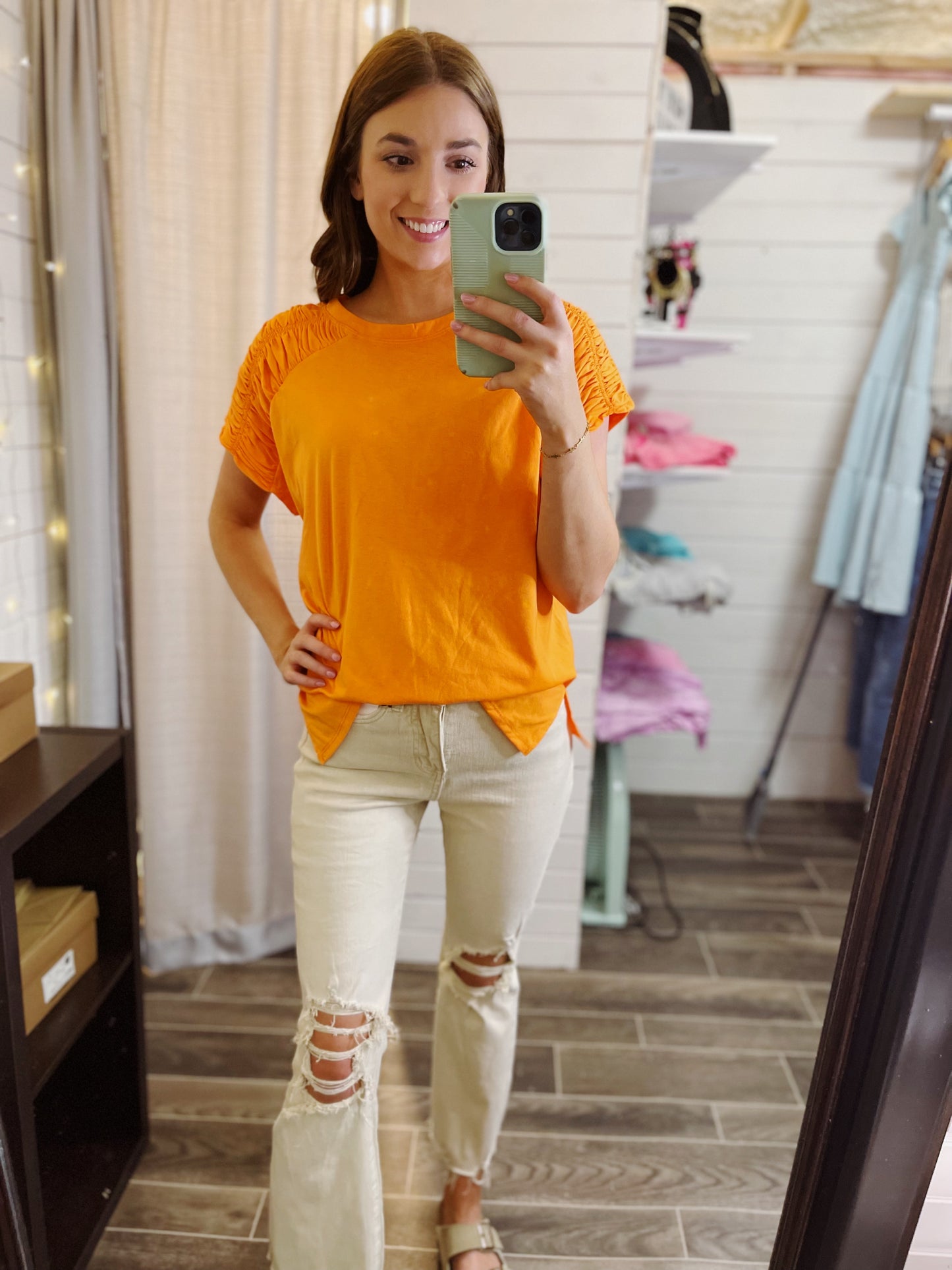 Orange Shoulder Smocking Top