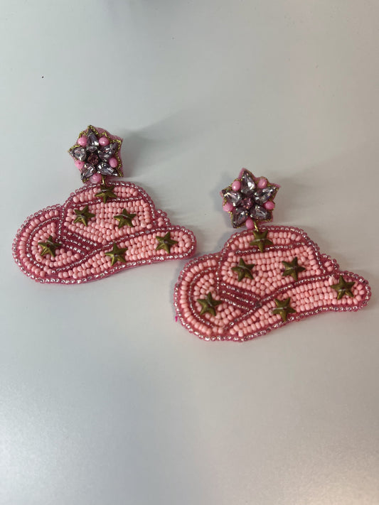 Pink and Gold Cowboy Hat Beaded Earrings
